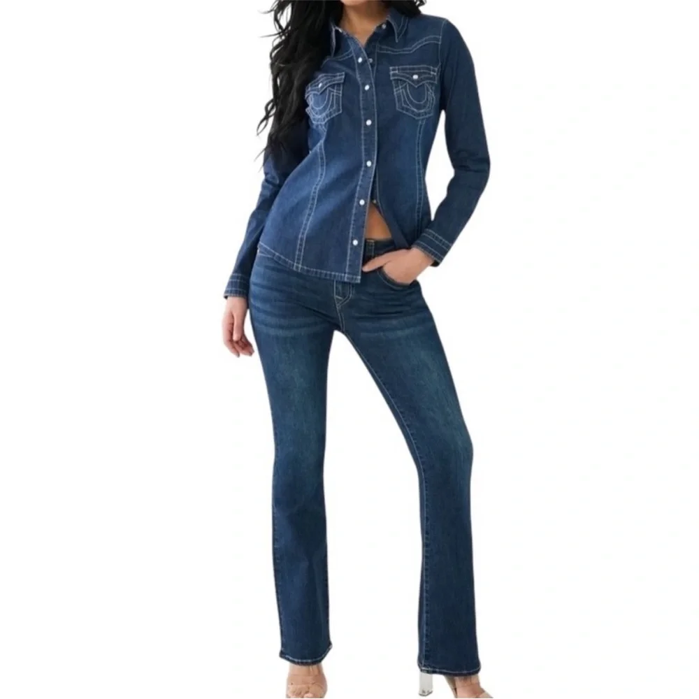 True Religion Chambray Western Denim Shirt Shacket Dark‎ Pearl Snap Button New M - Picture 4 of 13